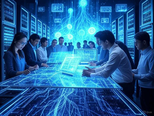 A team of professionals collaborates around a digital table with holographic circuits, in a high-tech data center.