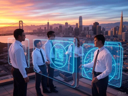 Business professionals interact with holographic digital interfaces against a cityscape sunset backdrop.