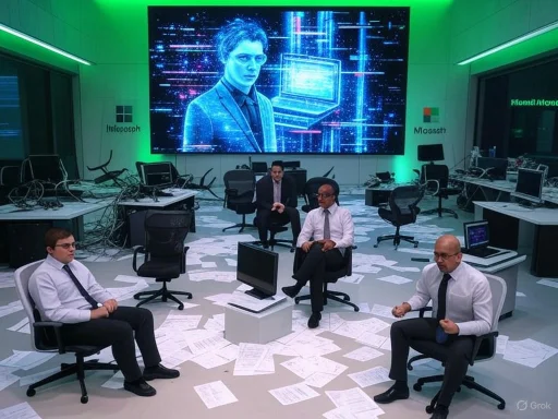 Four men in suits sit in a cluttered high-tech office with scattered papers, in front of a large digital screen displaying a woman and a laptop.