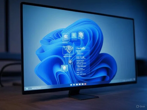 A computer monitor displays a Windows operating system screen with various icons and a blue abstract background. A computer monitor displays a Windows operating system screen with various icons and a blue abstract background.