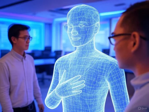 A holographic 3D body model interacts with two real people in a high-tech, futuristic environment.