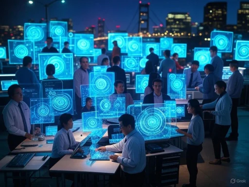 A futuristic control room with people working at stations, surrounded by holographic blueprints and cityscape at night. A futuristic control room with people working at stations, surrounded by holographic blueprints and cityscape at night.