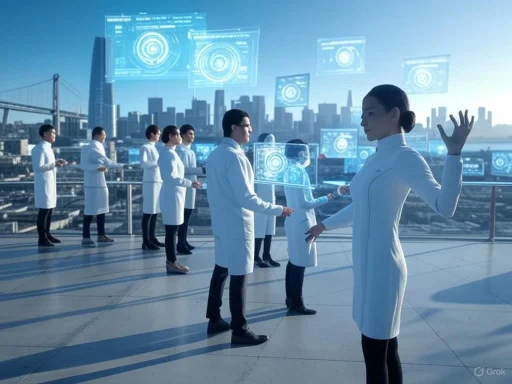 Scientists or medical professionals in white uniforms analyze holographic data on a futuristic cityscape balcony.