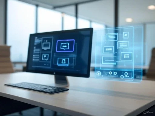 A computer with a holographic interface displaying virtual app icons and data overlays in a modern office setting.
