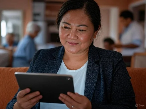 A woman in a blazer looks at her tablet with a gentle smile in a cozy indoor setting.