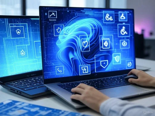 Person using a laptop with a digital interface displaying various health and safety icons.