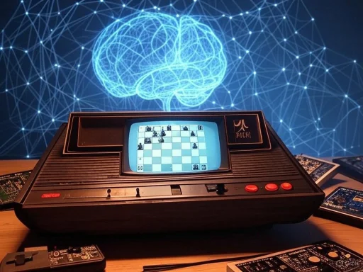 A vintage electronic chess computer displays a game, with a digital brain illustration and network graphics in the background.