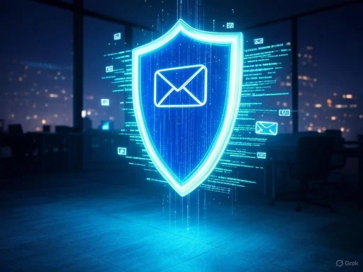 A digital shield with an email icon symbolizes email security protections in a high-tech office setting.