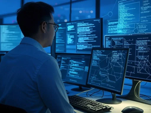 A person analyzing complex data and code on multiple computer screens in a high-tech environment.