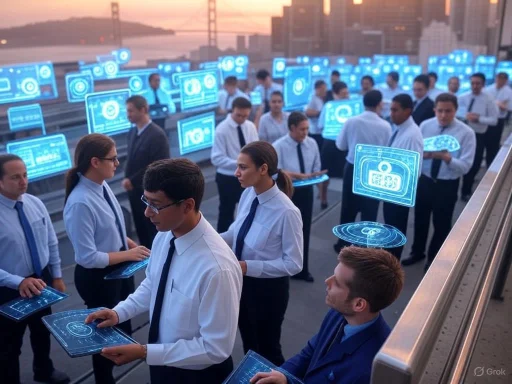 A group of professionals in formal attire interact with holographic digital displays outdoors at sunset.