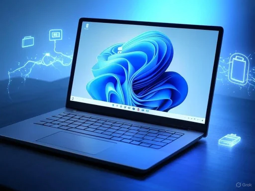 A laptop displaying a colorful abstract blue swirl on its screen, surrounded by digital icons and glowing effects.
