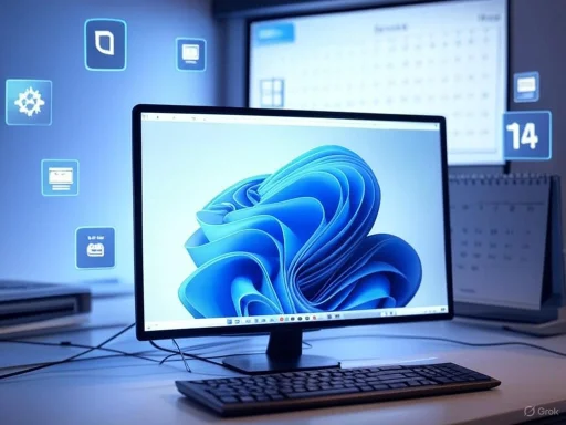 A computer monitor displays a Windows 11 desktop with a blue abstract wallpaper, surrounded by digital icons and office items.