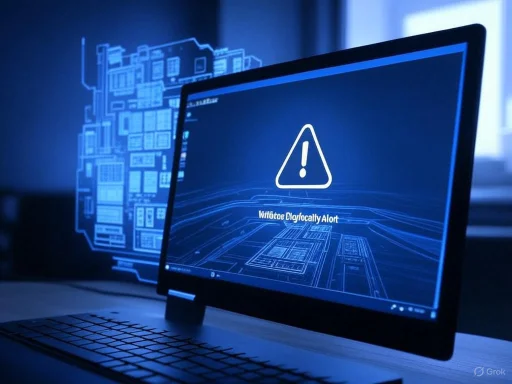 A laptop displays a warning alert 'Vlfotoe Glayofocaly Alort' with a caution symbol, indicating a cybersecurity or system alert.