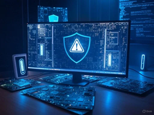 Computer screen displays a warning shield with an exclamation mark, indicating a cybersecurity alert or threat. Computer screen displays a warning shield with an exclamation mark, indicating a cybersecurity alert or threat.