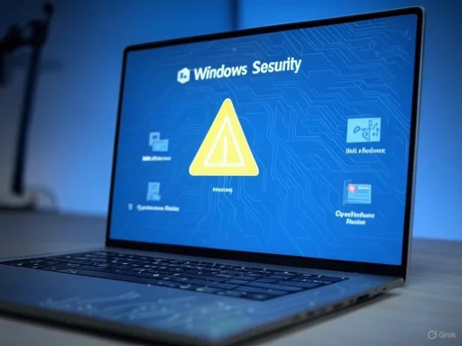 The laptop screen displays a Windows Security warning with a yellow triangle and exclamation mark.