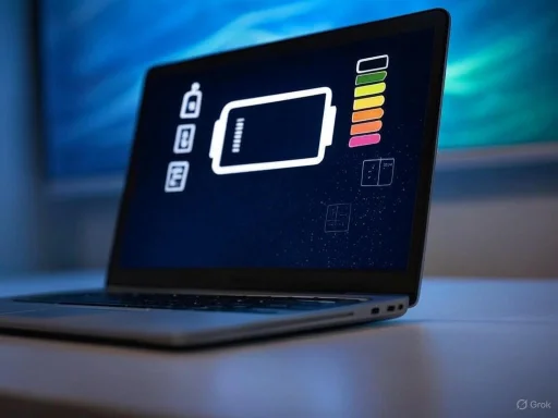 A laptop displaying battery health and charge status icons on a dark background.