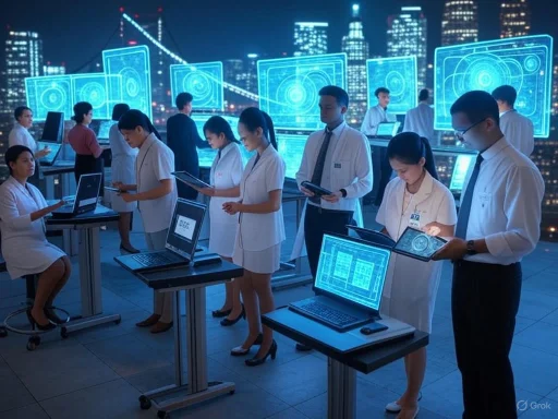 Medical professionals analyze data on futuristic computer screens against a city skyline backdrop at night.