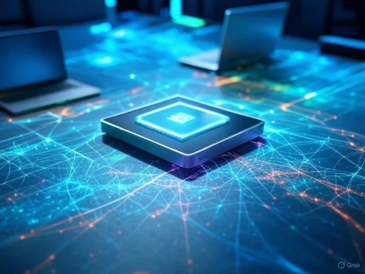 A digital device displays a glowing icon on a futuristic, interconnected network surface with laptops in the background.