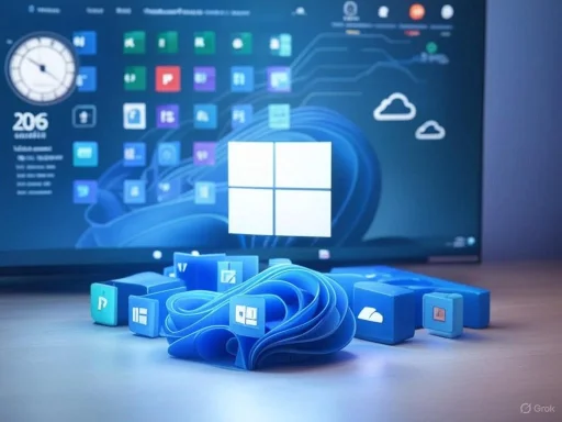 3D blue app icons in front of a digital screen showing various software and cloud icons.