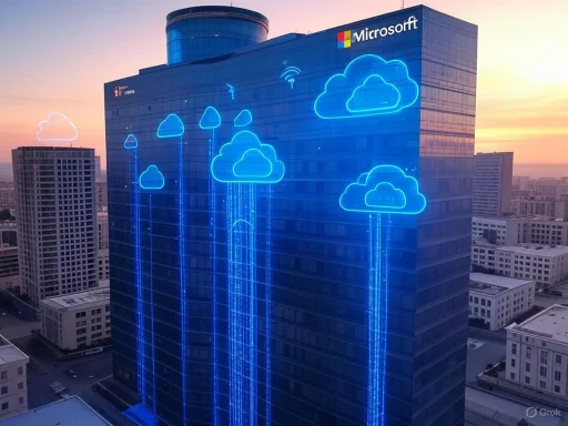 The Microsoft building features digital cloud graphics and rain-like blue lines on its facade during sunset. The Microsoft building features digital cloud graphics and rain-like blue lines on its facade during sunset.