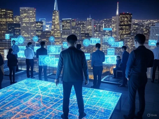 People in business attire analyze holographic city maps and data displays on a rooftop overlooking a city skyline at night.