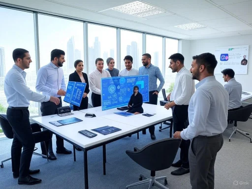 A diverse group of professionals in a modern office, collaborating around digital presentation screens. A diverse group of professionals in a modern office, collaborating around digital presentation screens.