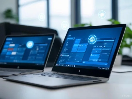 Two laptops displaying cybersecurity or data analysis interfaces in a bright office setting.