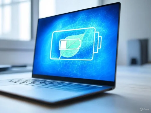 A laptop displays a digital battery icon with a leaf, indicating eco-friendly or energy-saving functionality.