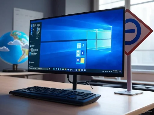 A computer setup on a desk with a monitor displaying Windows, a globe, and caution and no-parking signs nearby.