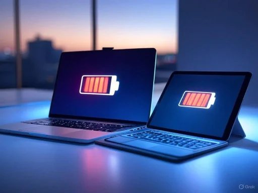 Two laptops on a desk display a low battery icon, indicating their batteries are nearly drained.
