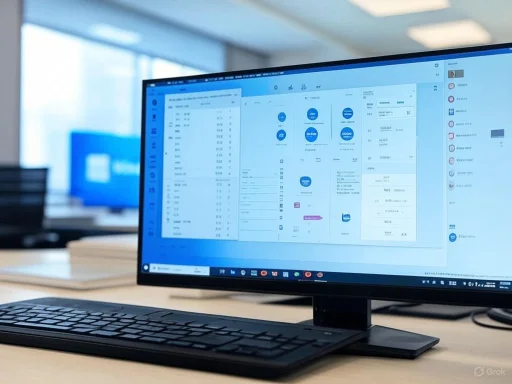A computer monitor displays a data management or business analytics dashboard in an office setting.