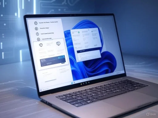 A laptop displaying a digital interface with documents and icons against a futuristic blue background. A laptop displaying a digital interface with documents and icons against a futuristic blue background.