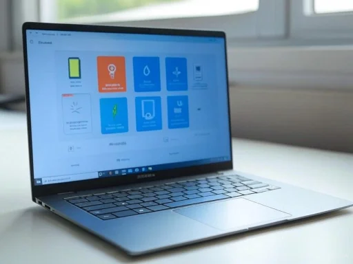 A silver laptop displaying a colorful app or interface on a white desk near a window. A silver laptop displaying a colorful app or interface on a white desk near a window.