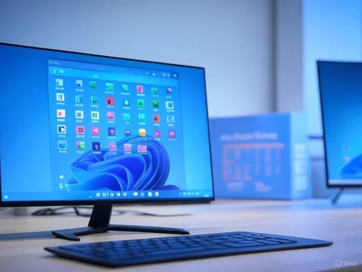 A sleek computer monitor displaying the Windows 11 desktop, accompanied by a keyboard, on a modern desk setup.