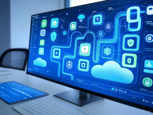 A computer screen displays a digital cloud computing and cybersecurity interface with app icons and network graphics.