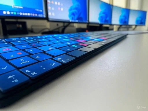 Close-up of a backlit keyboard with multiple monitors in the background.