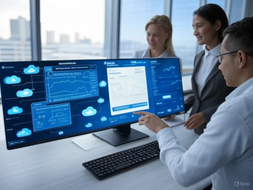 Team of professionals analyzing data on a large digital screen in a modern office setting.