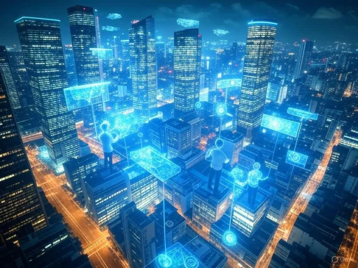 Futuristic cityscape with holographic technology and digital interfaces over skyscrapers at night.