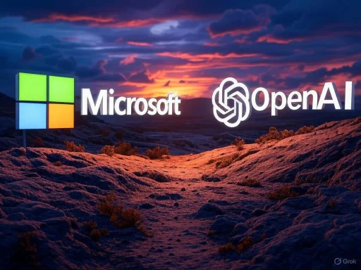 Microsoft and OpenAI logos displayed against a sunset landscape with rocky terrain.