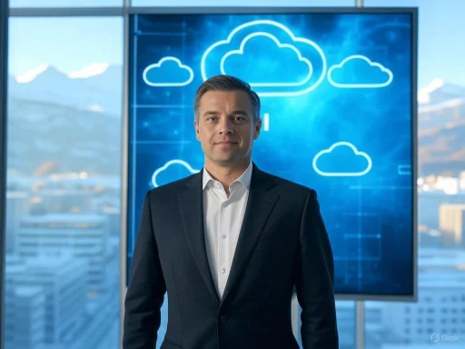 A businessman stands confidently in front of a digital screen displaying cloud icons, indicating a cloud computing or data technology setting.