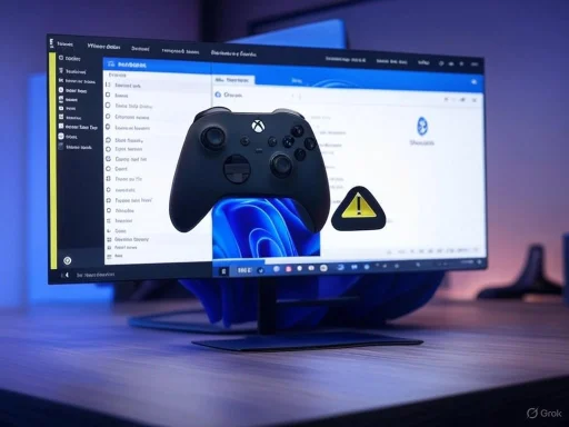 A gaming controller is displayed in front of a computer monitor with an error warning icon on the screen.
