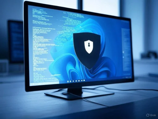 A computer monitor displays a security shield icon with a lock, suggesting cybersecurity or data protection. A computer monitor displays a security shield icon with a lock, suggesting cybersecurity or data protection.