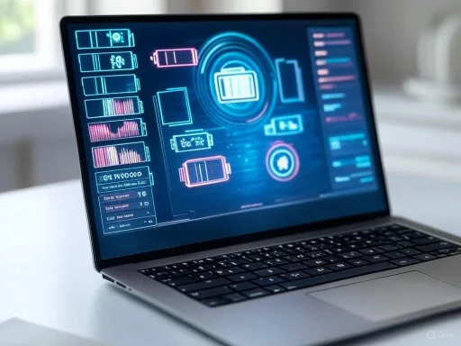 A laptop screen displays futuristic graphics and data related to battery monitoring or energy management.