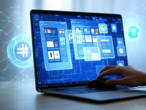 A person uses a laptop with digital interface graphics related to technology and data visualization on the screen. A person uses a laptop with digital interface graphics related to technology and data visualization on the screen.
