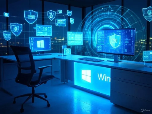 A high-tech cybersecurity command center with multiple monitors displaying shields and data analytics.
