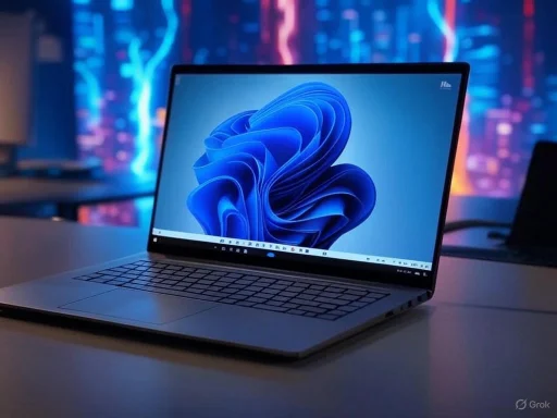 A sleek laptop displaying a blue abstract design on its screen, set against a colorful, neon-lit background.