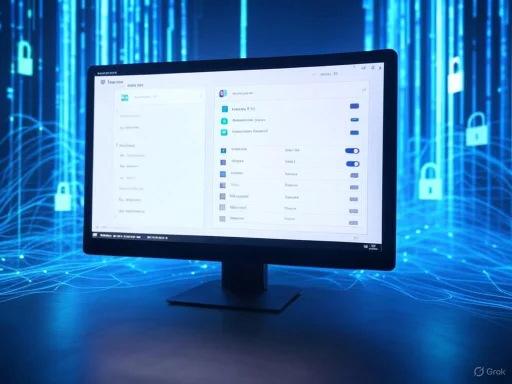 A computer monitor displays a file management interface against a digital security-themed background.