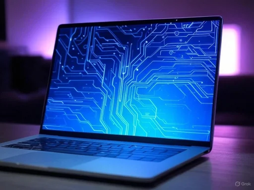 A laptop displaying a digital circuit board pattern on its screen, set against a purple-lit background.