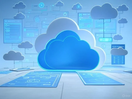 A digital illustration of cloud computing with multiple cloud icons and data interfaces on a futuristic interface.