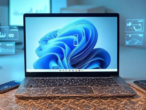 A laptop with a Windows 11 desktop on a desk, surrounded by digital analytics graphics in the background.